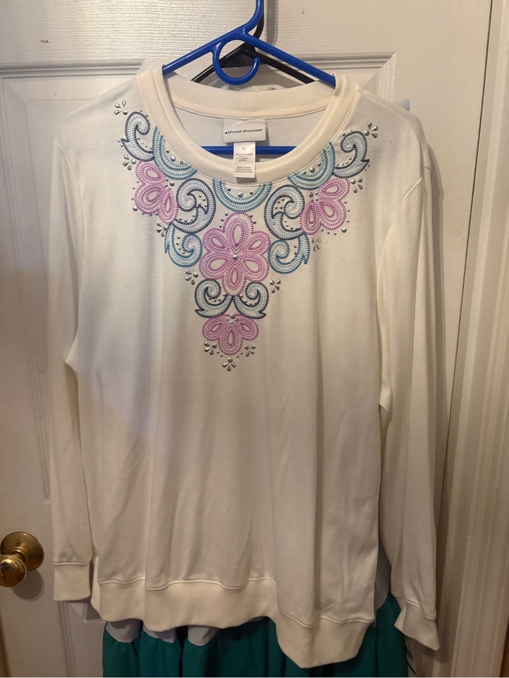 Alfred Dunner Cream Sweatshirt with Pink & Blue Embroidered Neckline